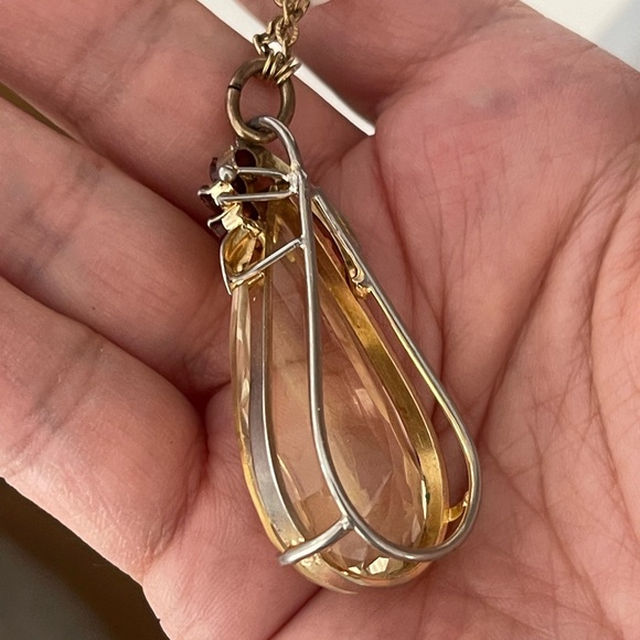 Huge lemon crystal genuine garnet gold tone pendant white opalescent chain - Picture 8 of 11